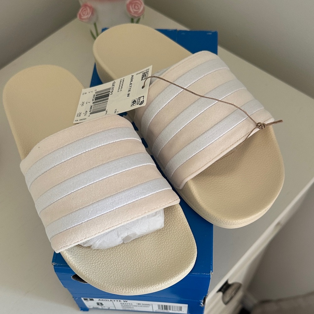 Adidas Cream and White Slide Sandals